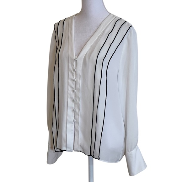 Zara Basic White Semi-Sheer Blouse Sz L Black Detail Ruffles Long Sleeves V Neck - Picture 4 of 12
